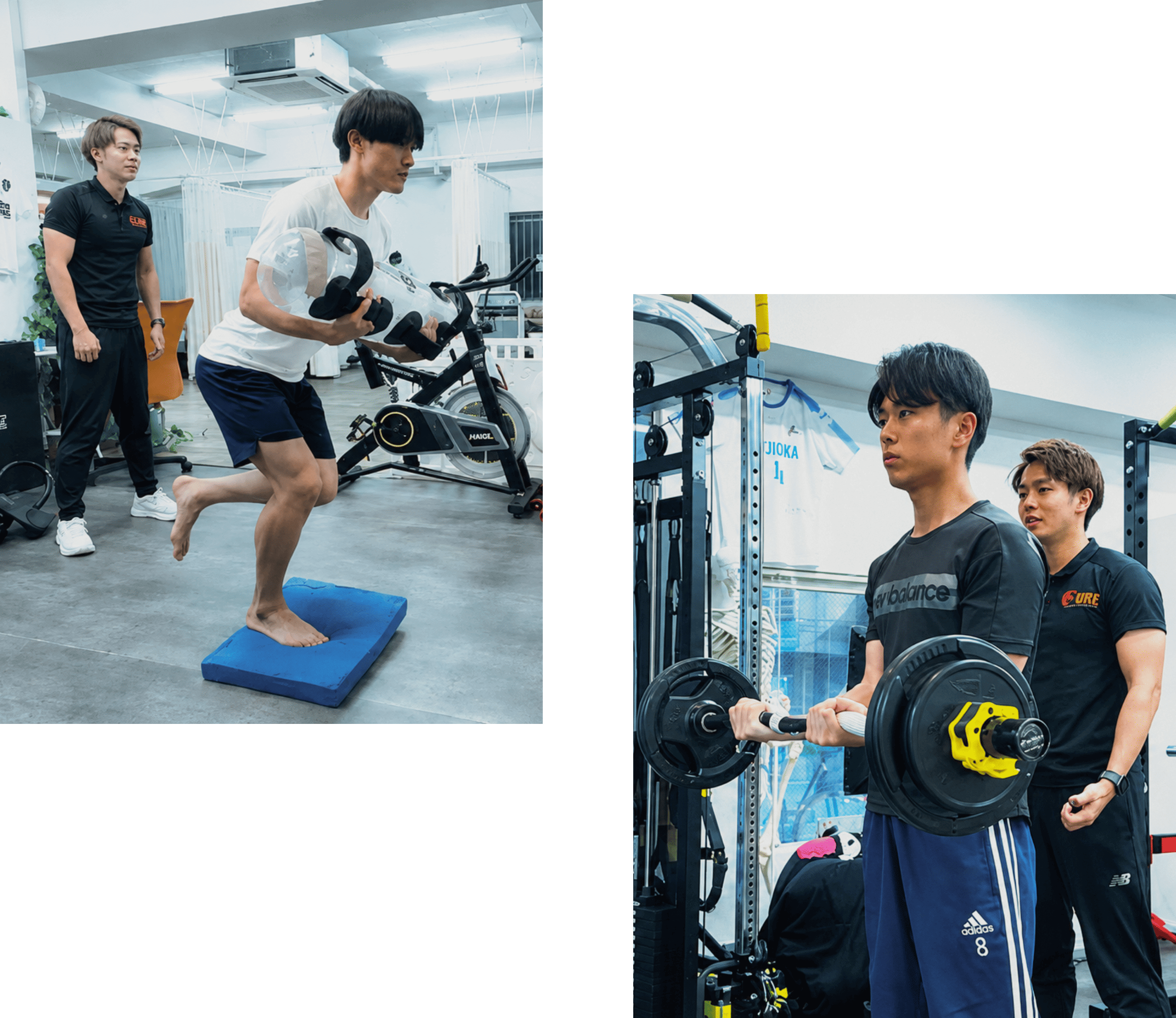 ジムで男性がバランスパッドでの片足立ちトレーニングとバーベルを使ったトレーニングをそれぞれ行っている様子